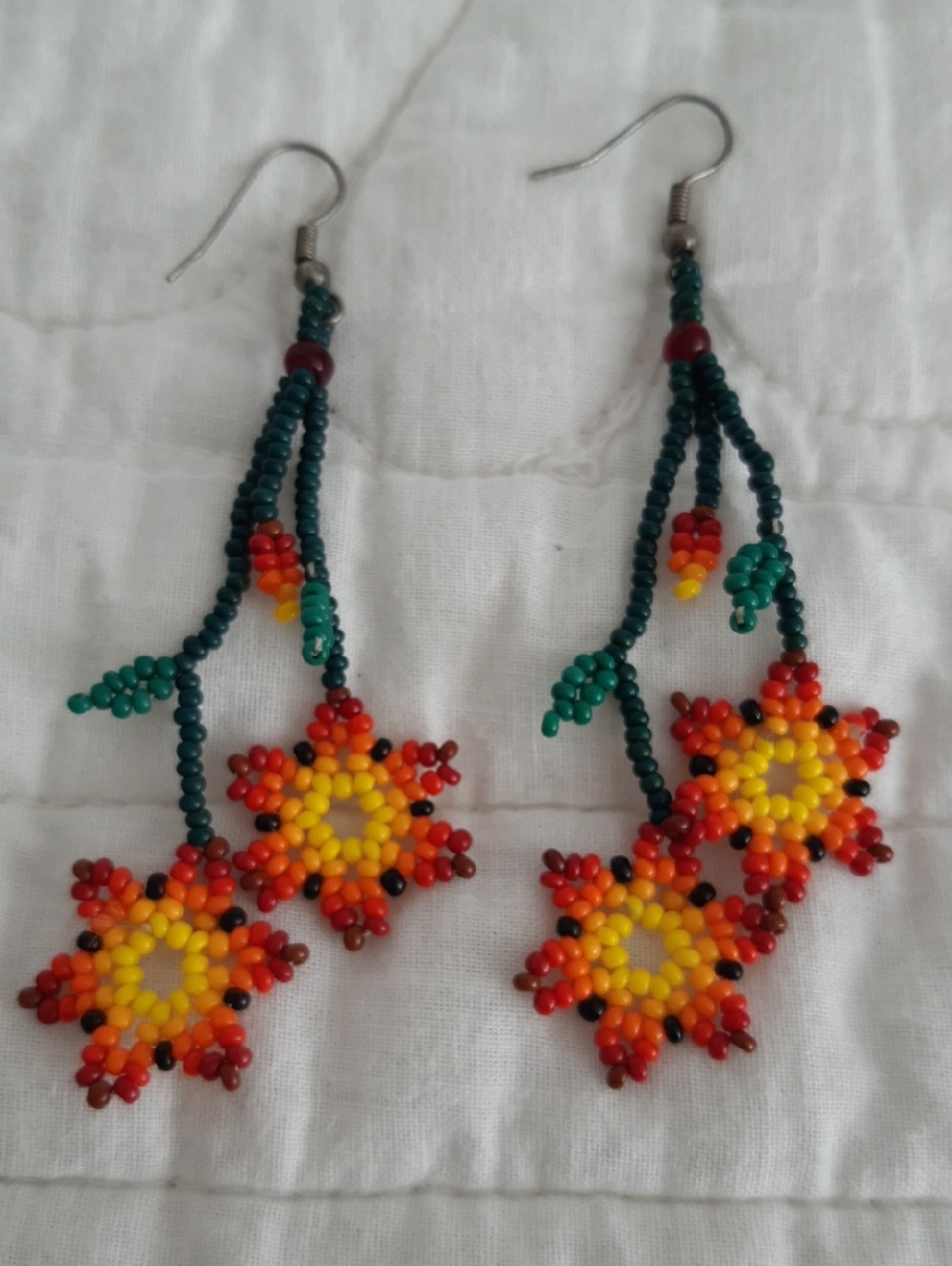 Handmade Beaded Sunflower Drop Earrings - Green, Yellow & Orange